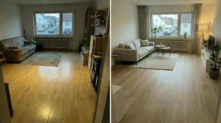 Vorher-Nachher-Vergleich eines Wohnzimmers: abgenutzter alter Boden vor der Sanierung und modern renovierter Raum mit neu verlegtem Vinylboden, heller Einrichtung und gemütlicher Atmosphäre.