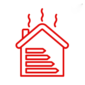 Rotes Linien-Icon eines Hauses mit Energieeffizienz-Balken und Wärmeabgabe-Symbolen, stellvertretend für professionelle Dämmarbeiten.