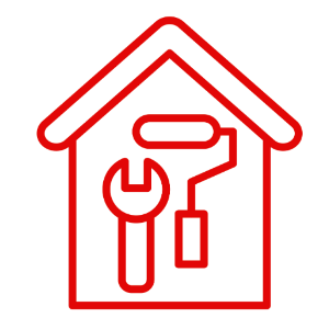 Rotes Linien-Icon eines Hauses mit Werkzeugsymbol, das professionelle Fassadenarbeiten und Haussanierung darstellt.