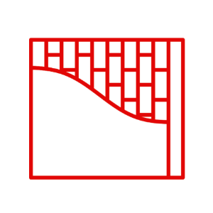 Rotes Linien-Icon einer Wandkonstruktion mit sichtbarer Unterkonstruktion und Beplankung, stellvertretend für professionelle Trockenbauarbeiten.