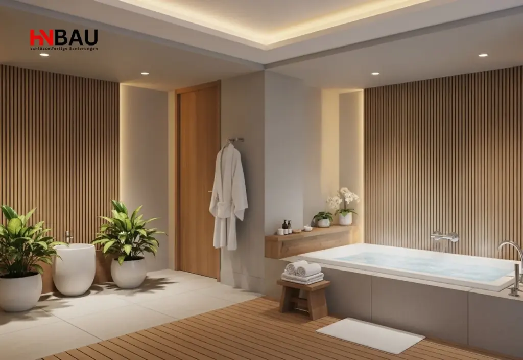 Bodernes Badezimmer mit eingebauter Badewanne, warmen Holzakzenten, indirekter LED-Deckenbeleuchtung und stilvollen Wandpaneelen – Beispiel für hochwertige Badmodernisierung durch HN-Bau.