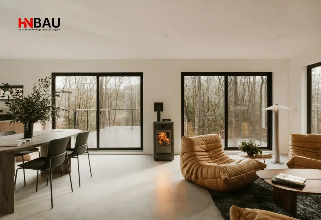 Modernes Wohnzimmer mit großen energieeffizienten bodentiefen Fenstern und Schiebetüren, die viel Tageslicht hineinlassen und für hohen Wärmeschutz sorgen – Beispiel für moderne Fensterlösungen von HN-Bau.