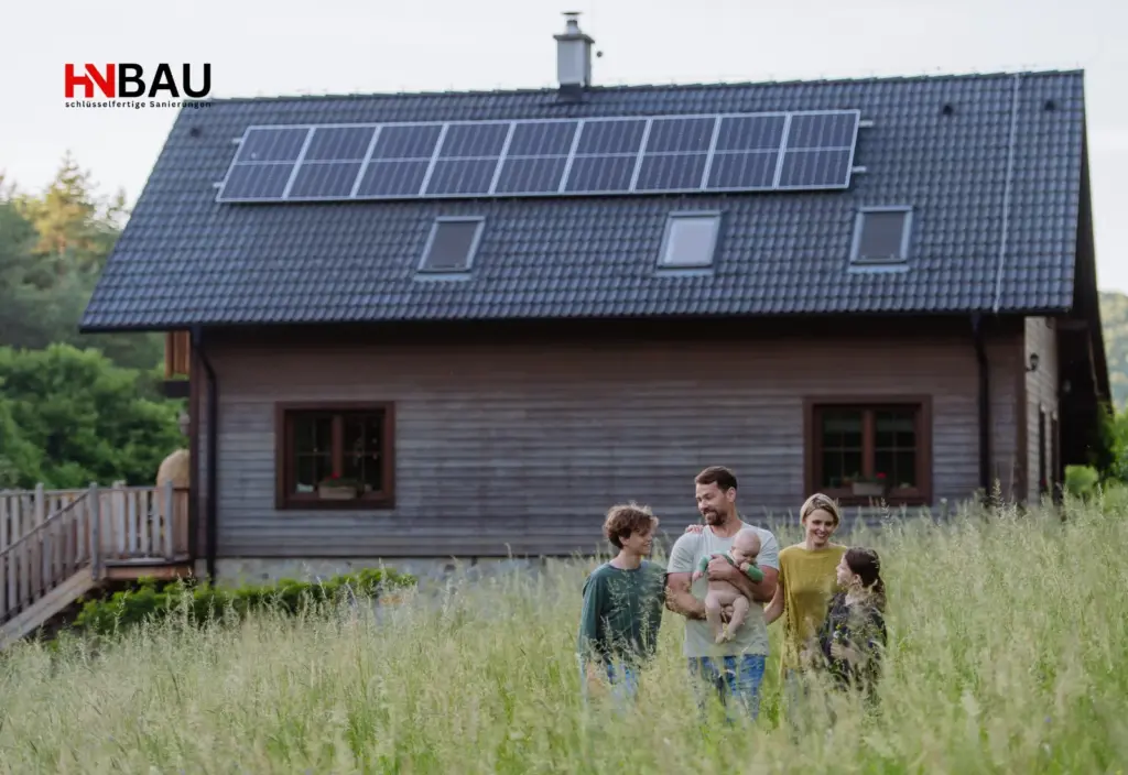 amilie vor einem nachhaltigen Holzhaus mit Photovoltaikanlage auf dem Dach, umgeben von Natur; Symbol für umweltfreundliches Bauen und energieeffiziente Sanierung durch HN-Bau.