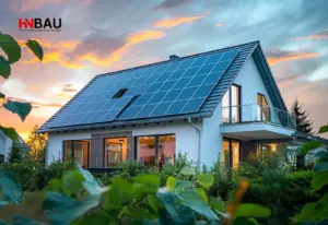 Modernes Einfamilienhaus mit großer Photovoltaikanlage auf dem Dach bei Sonnenuntergang, energieeffiziente Gebäudeausstattung und zukunftssichere Elektroinstallation von HN-Bau.