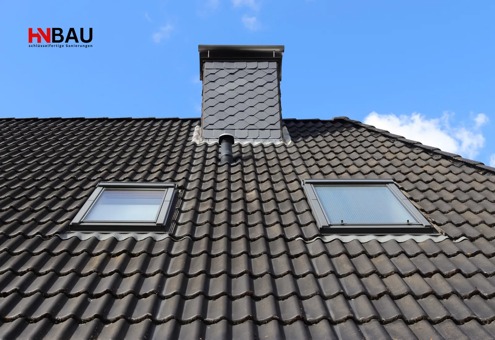 Dach mit zwei modernen Dachfenstern und einer neu verkleideten Gaube, eingedeckt mit dunklen Dachziegeln unter blauem Himmel – professionelle Dachdeckerarbeiten für Sanierung und Modernisierung.