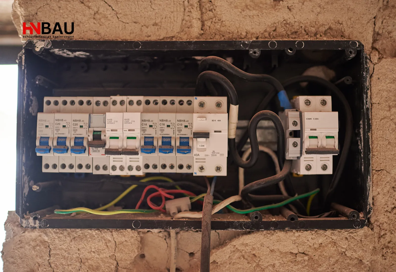 Offenliegender alter Sicherungskasten mit verschiedenen Sicherungsautomaten, Kabeln und Leitungen in einer unverputzten Wand. Beispiel für Sanierung und Modernisierung veralteter Elektroanlagen durch HN Bau.