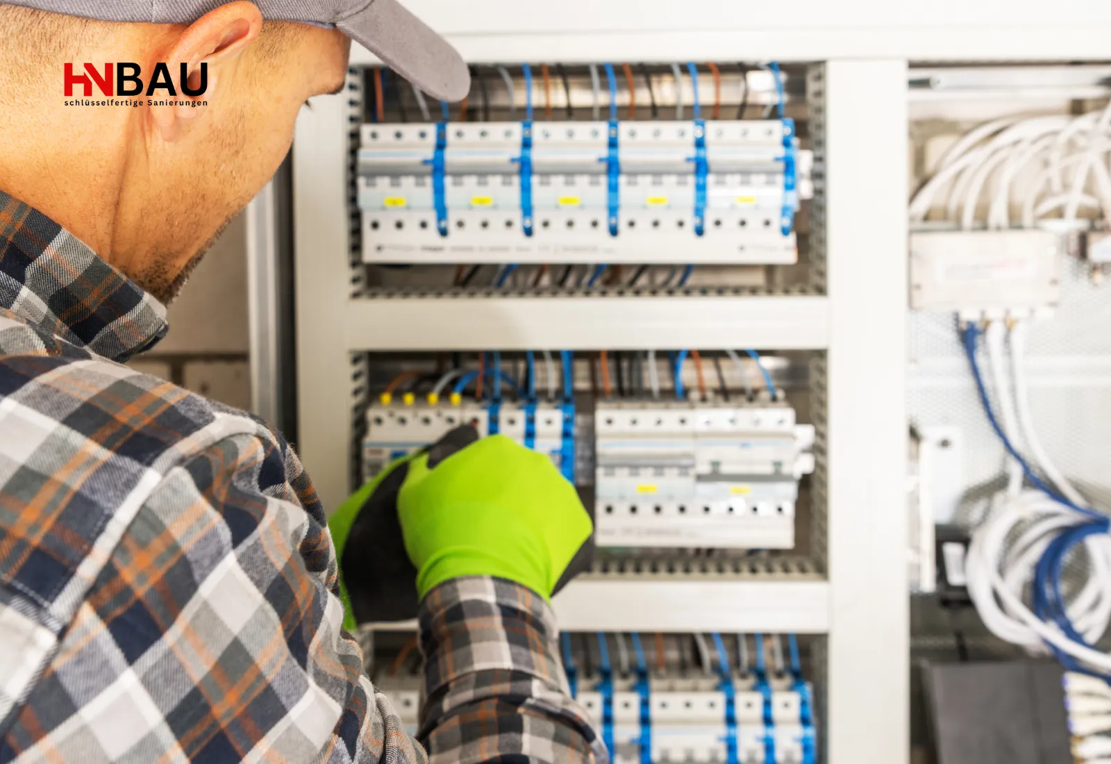 Elektriker arbeitet an einem modernen Sicherungskasten mit zahlreichen Leitungen und Sicherungsautomaten. Präzise Ausführung elektrischer Installationen für sichere und zuverlässige Elektroanlagen. HN Bau – schlüsselfertige Sanierungen.