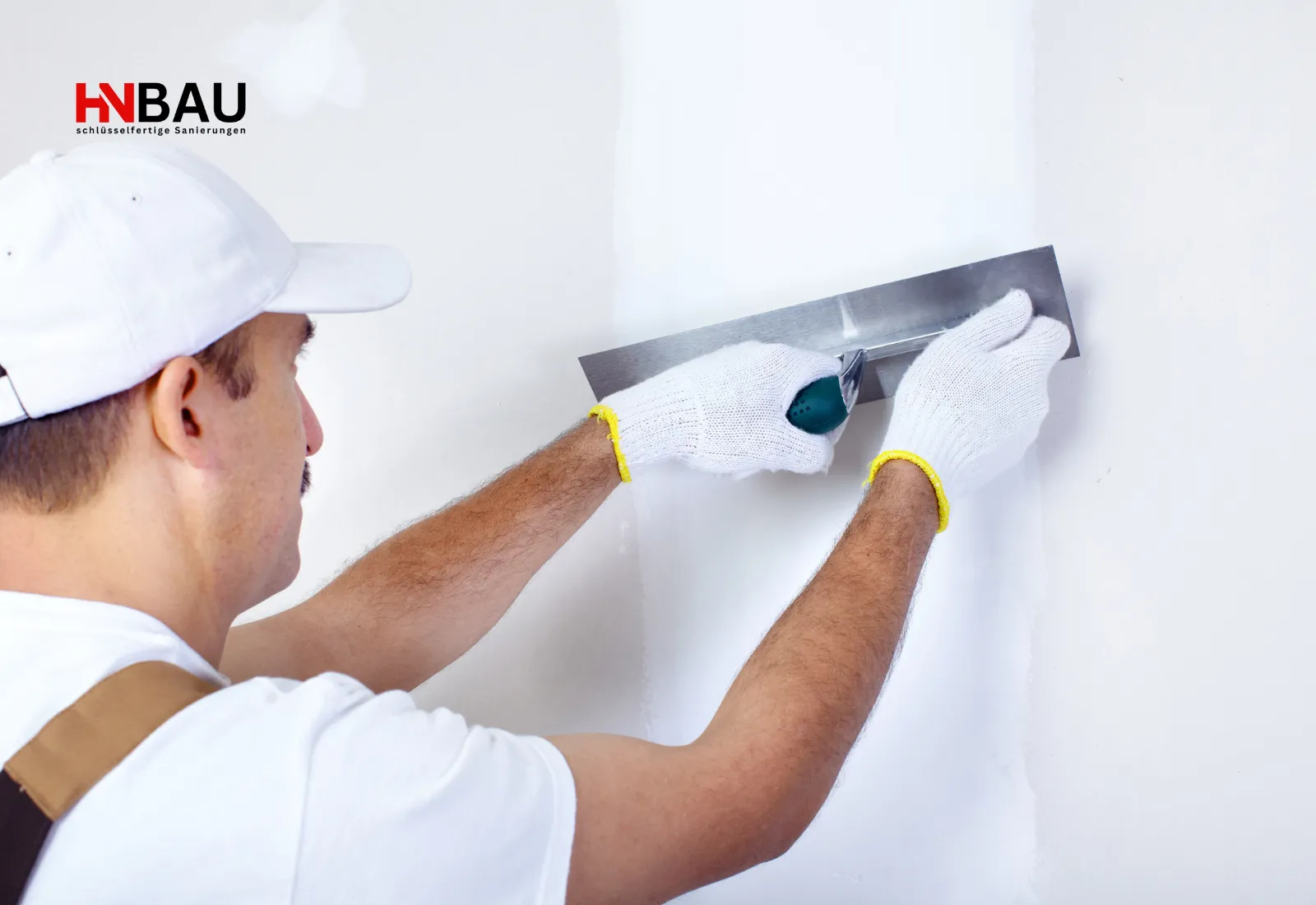 Handwerker führt Spachtelarbeiten an einer Innenwand durch und glättet die Fläche mit einer breiten Spachtelkelle für ein sauberes Ergebnis.