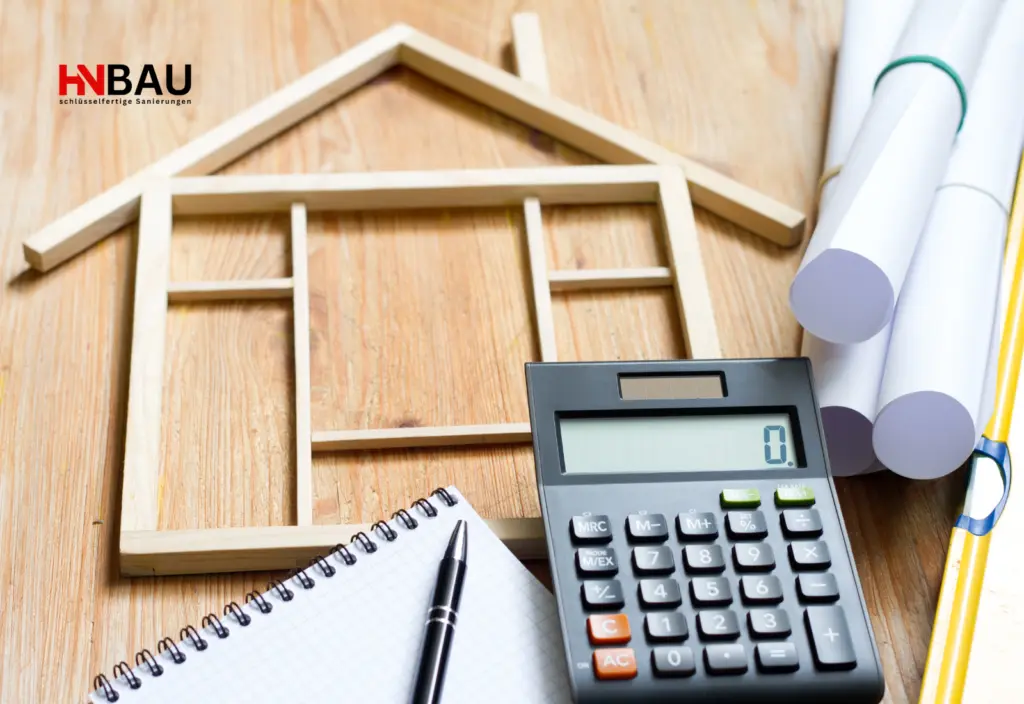 Holzmodell eines Hauses auf einem Holztisch, daneben ein Taschenrechner, Notizblock, Stift und gerollte Bauzeichnungen – Symbol für Planung und Kostenermittlung bei einer Haussanierung.