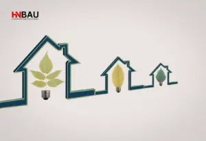 Grafische Darstellung mehrerer Hausumrisse mit integrierten Blättern in Form von Glühbirnen – Symbolbild für energetische Sanierung, Energieeffizienz und nachhaltige Modernisierung von Wohngebäuden.