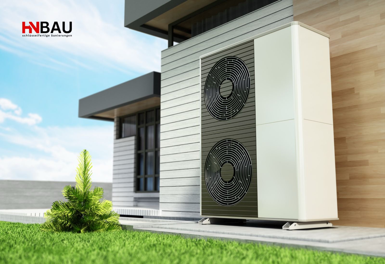 Moderne Luft-Wasser-Wärmepumpe vor einem Einfamilienhaus im Außenbereich installiert – Symbolbild für Heizungstausch, erneuerbare Energien und effiziente Wärmepumpentechnik im Bestandsgebäude.