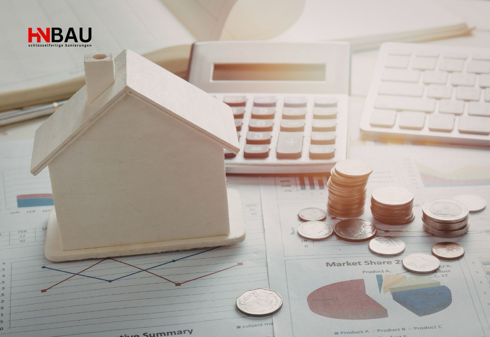 Hausmodell aus Holz auf Finanzunterlagen mit Diagrammen, Taschenrechner und gestapelten Münzen – Symbolbild für Immobilienwert, energetische Sanierung und Wirtschaftlichkeitsberechnung vor dem Hausverkauf.