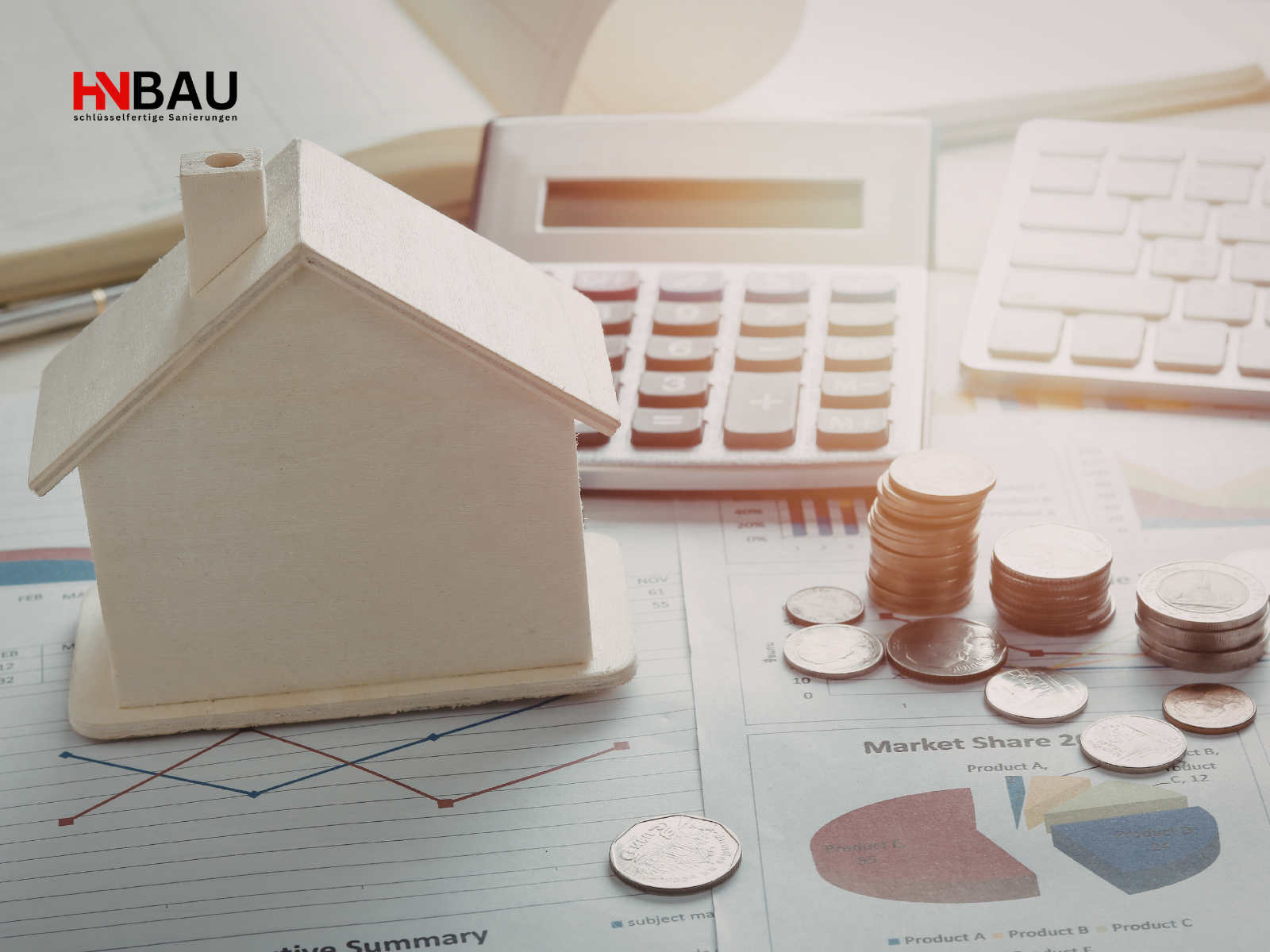 Modellhaus auf Finanzunterlagen mit Diagrammen, daneben Taschenrechner und gestapelte Münzen; symbolische Darstellung von Bau- oder Renovierungskosten, links oben Firmenlogo „HN Bau – schlüsselfertige Sanierungen“