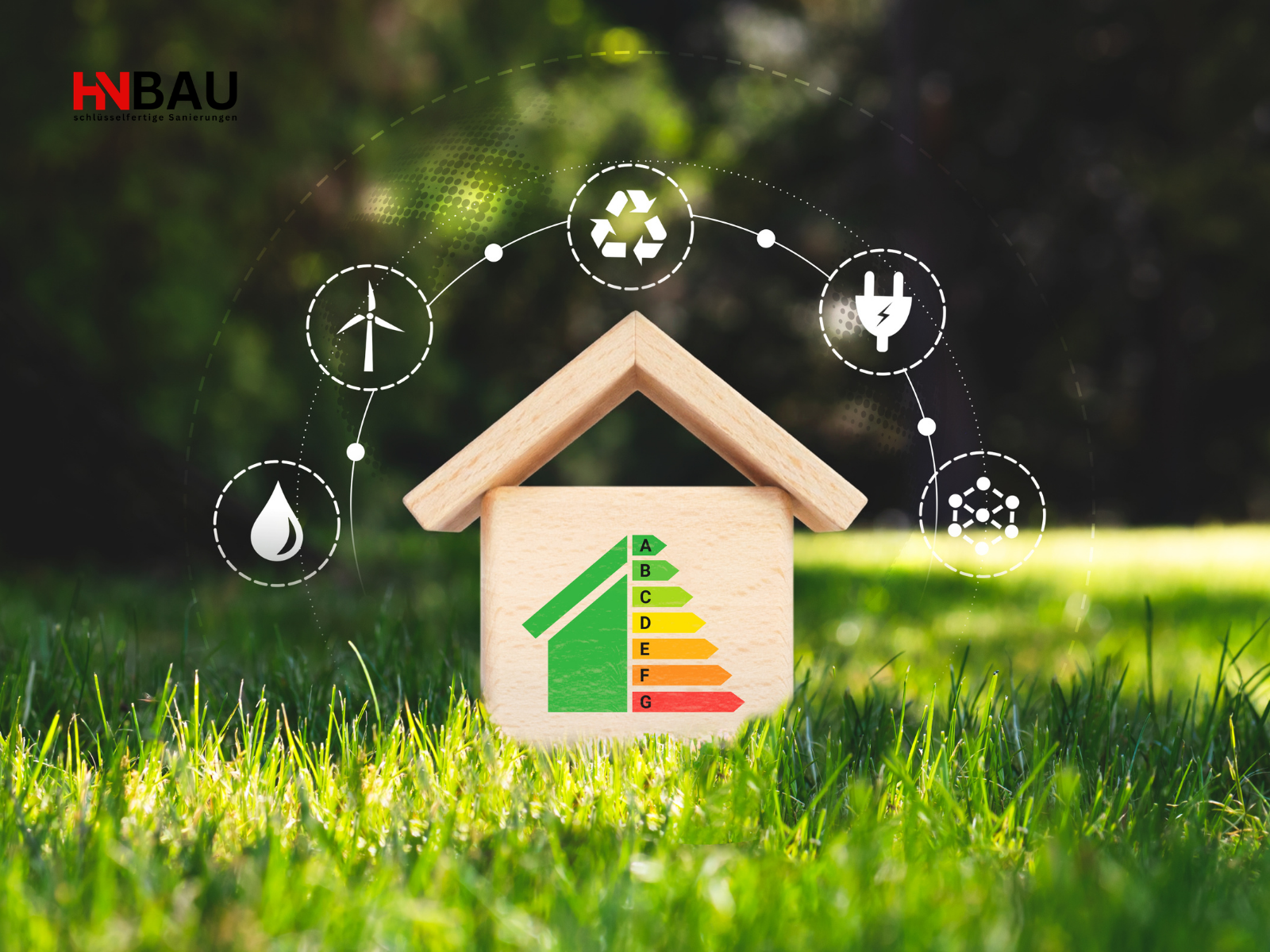 Holzhaus-Modell auf grünem Rasen mit Energieeffizienz-Skala (A–G) und Symbolen für Nachhaltigkeit wie Windenergie, Strom, Wasser und Recycling; Darstellung energetischer Sanierung, links oben Firmenlogo „HN Bau – schlüsselfertige Sanierungen“.