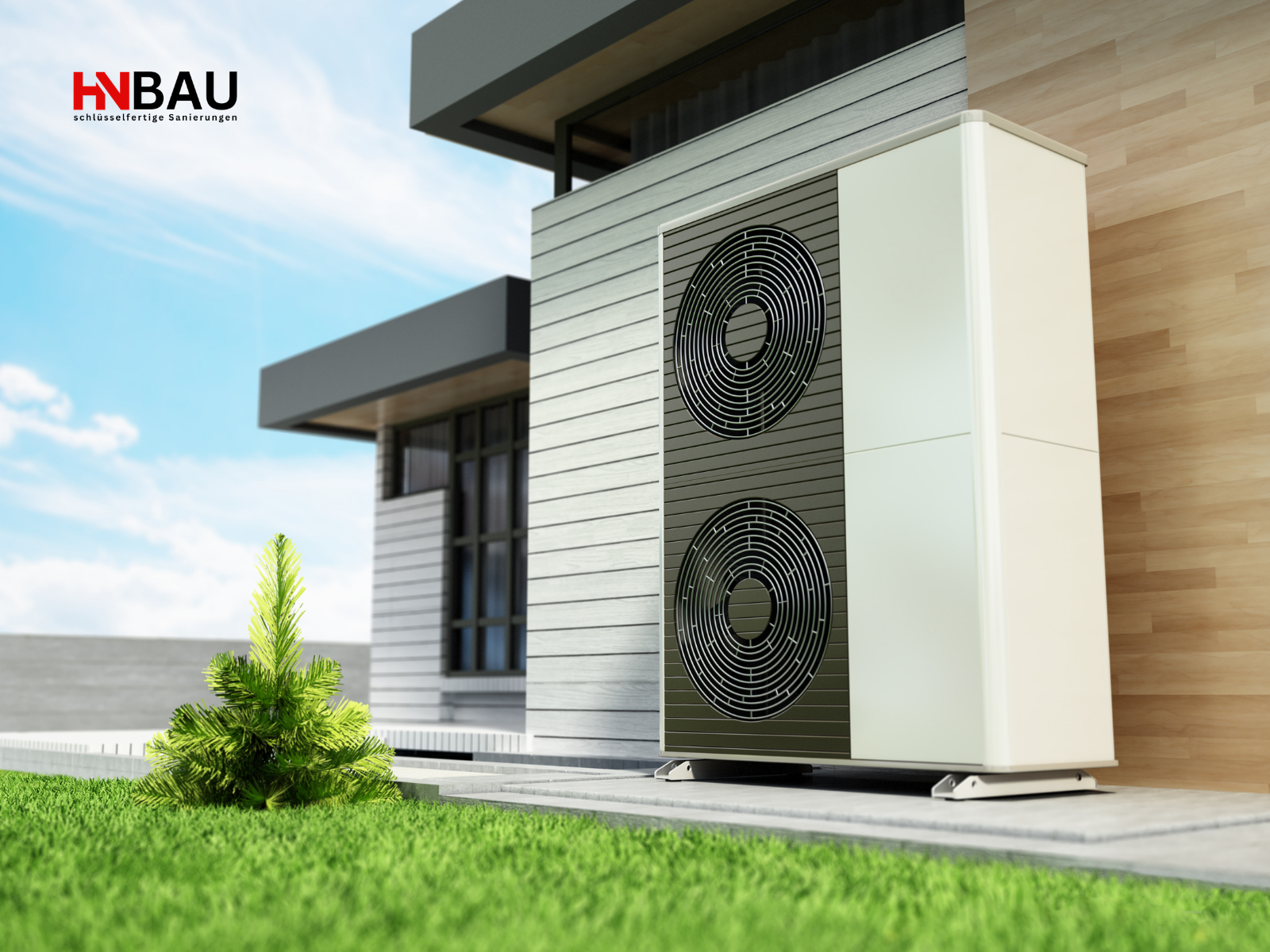 Außeneinheit einer modernen Wärmepumpe neben einem Einfamilienhaus mit Garten; Symbol für energieeffiziente Heiztechnik und energetische Sanierung, links oben Firmenlogo „HN Bau – schlüsselfertige Sanierungen“.